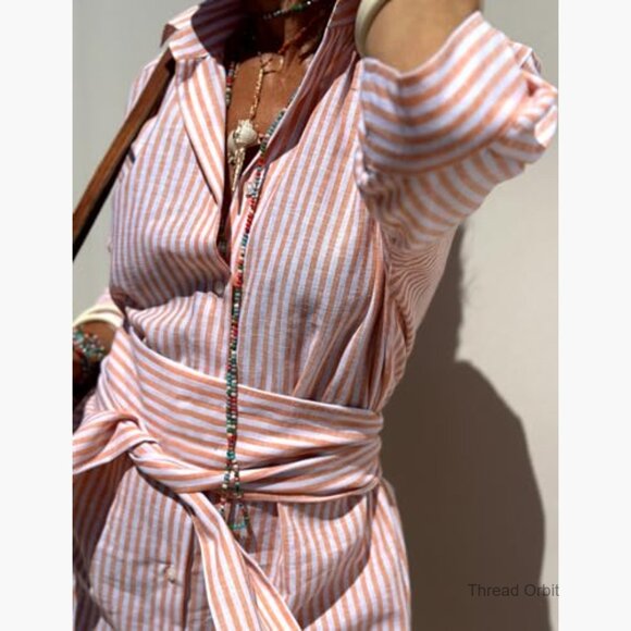 Long Sleeve Button Down Maxi Dress Loose Fit Striped Cotton Casual - Picture 6 of 7